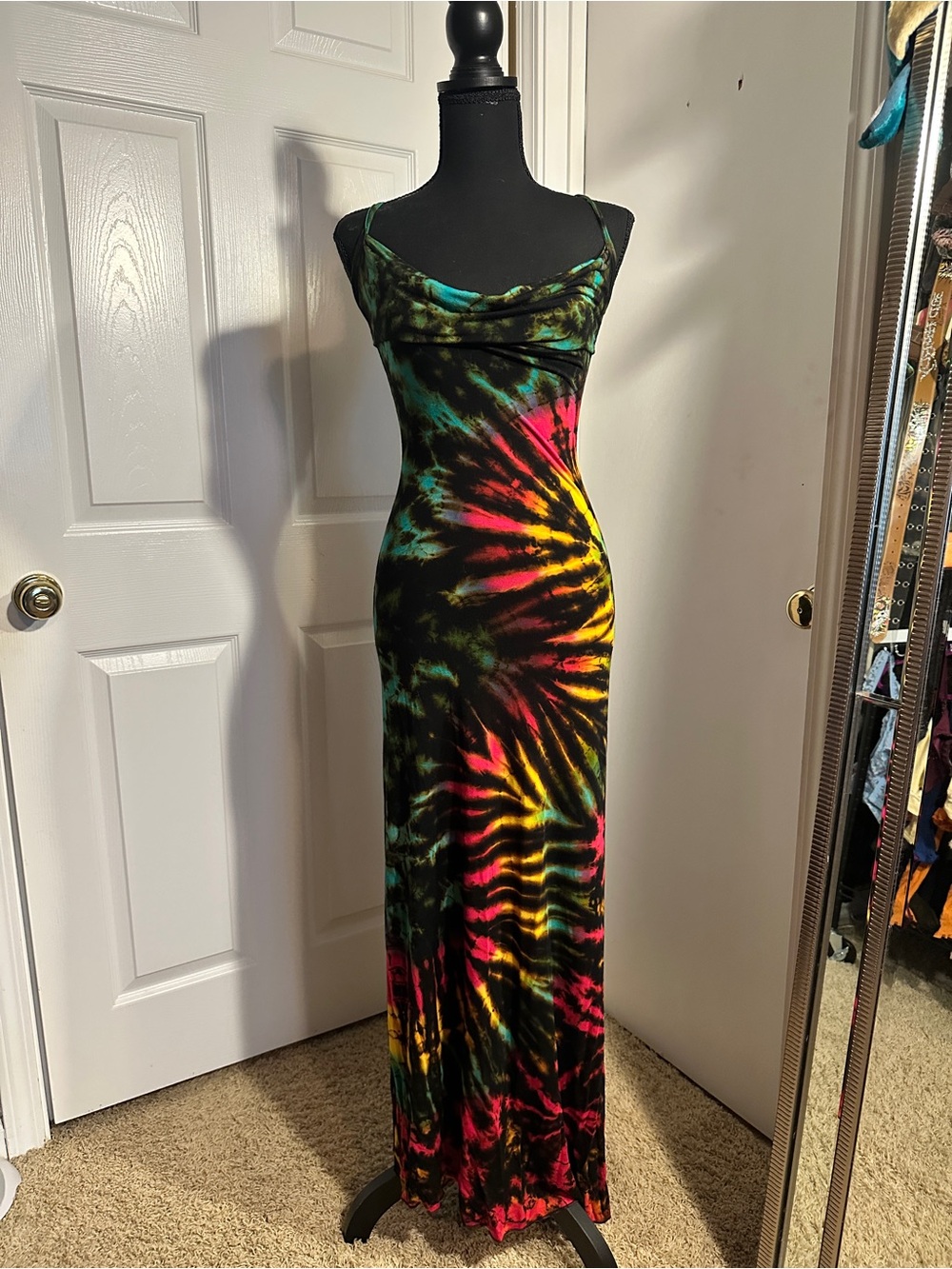 Tie-Dye Cowl Neck Maxi Dress in Black with Multicolor Accents